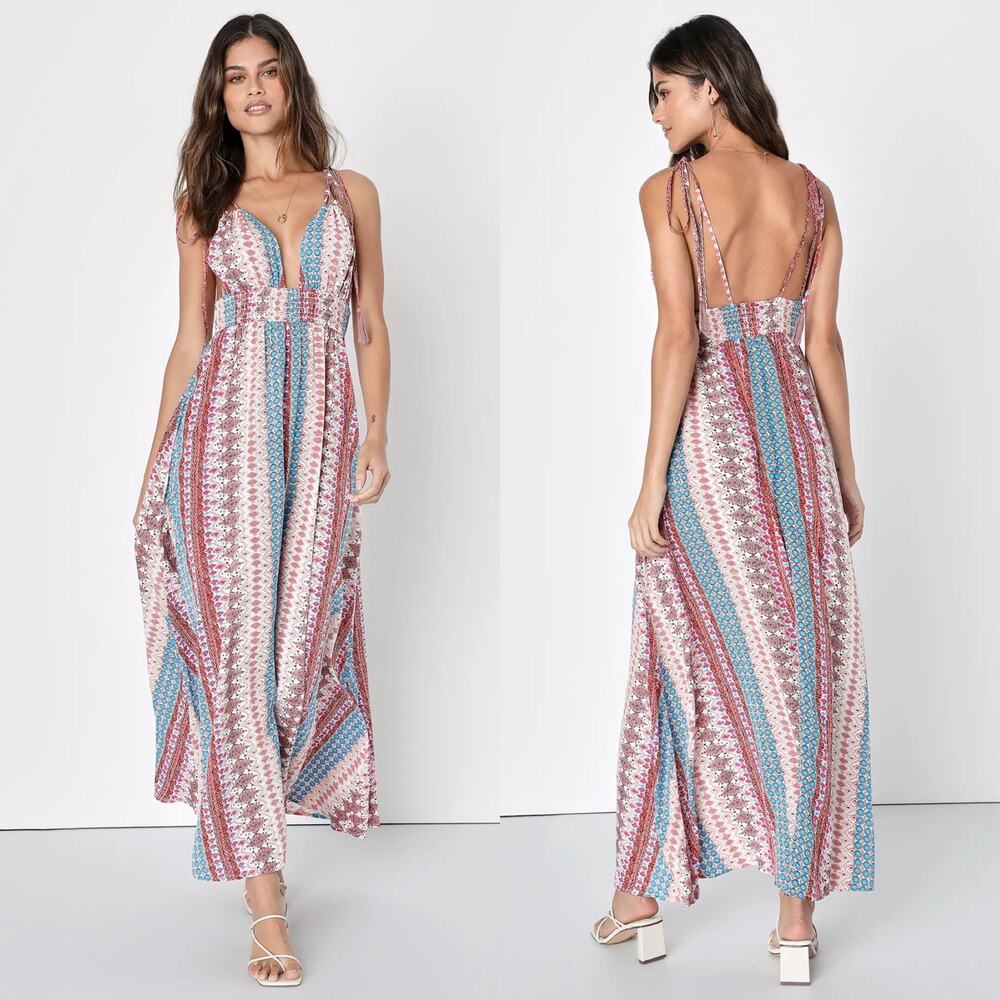 Lulus Maxin' Relaxin' Blue Multi Print Sleeveless Tie-Strap Maxi Dress
